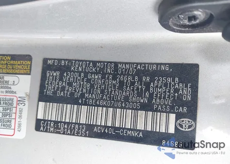 2007 Toyota Camry Ce from USA, damaged, VIN 4T1BE46K07U643005